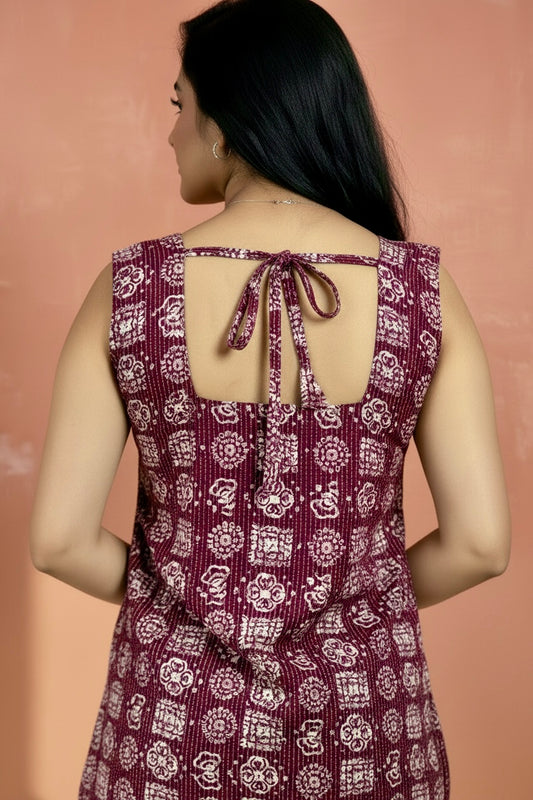 Wine Block Print Sleeveless Kurti with Square Neck & Tie-Up Back