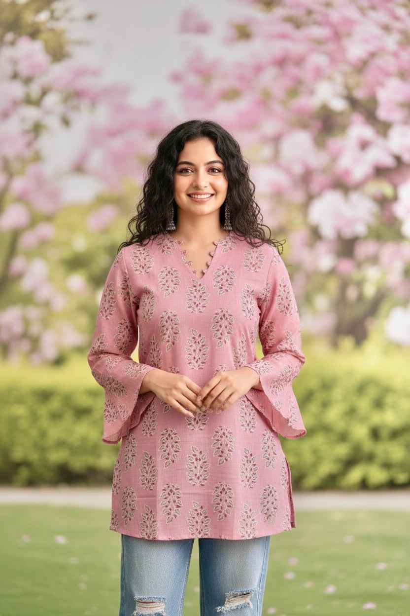 Pastel Pink Mul Block Print V-Neck Kurti