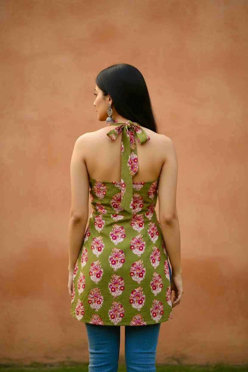 Olive Bloom Backless Halter Kurti