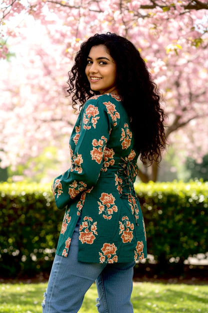 Teal Blossom Corset-Back Pure Cotton Kurti