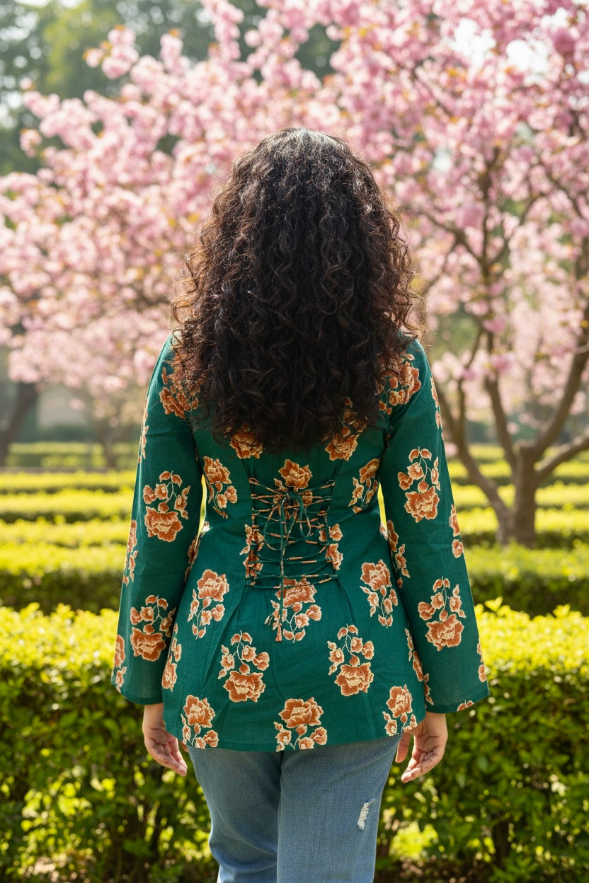 Teal Blossom Corset-Back Pure Cotton Kurti