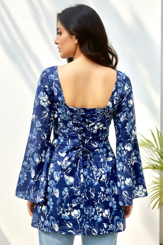 Deep Blue Botanical Corset Back Short Kurti