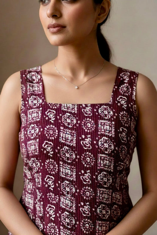 Wine Block Print Sleeveless Kurti with Square Neck & Tie-Up Back