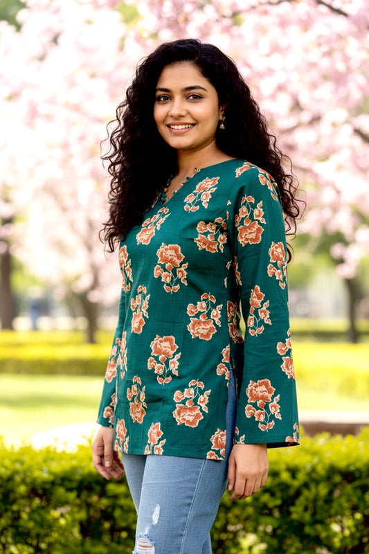 Teal Blossom Corset-Back Pure Cotton Kurti