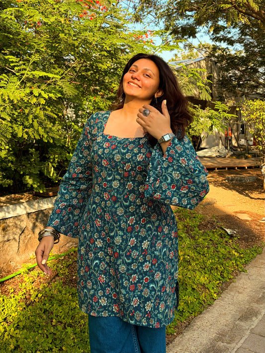 Teal Vintage Floral Corset-Back Kurti