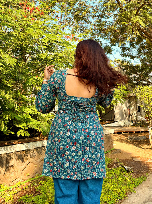 Teal Vintage Floral Corset-Back Kurti