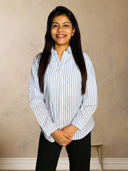 Blue & White Striped Cotton Shirt – Bust Dart & Foldable Sleeves