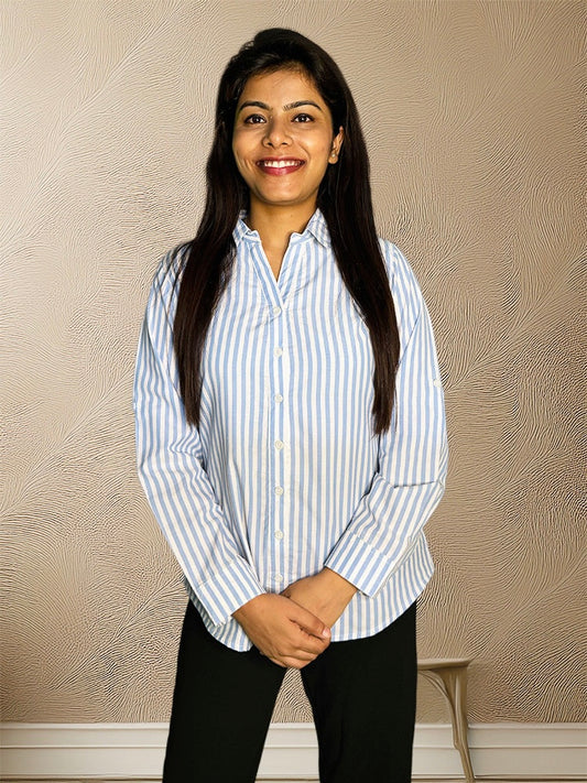 Blue & White Striped Cotton Shirt – Bust Dart & Foldable Sleeves