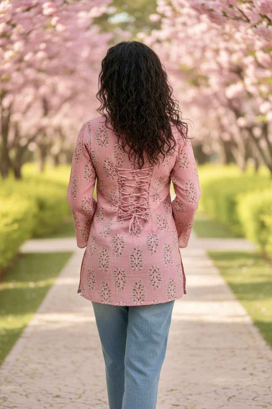 Pastel Pink Mul Block Print V-Neck Kurti