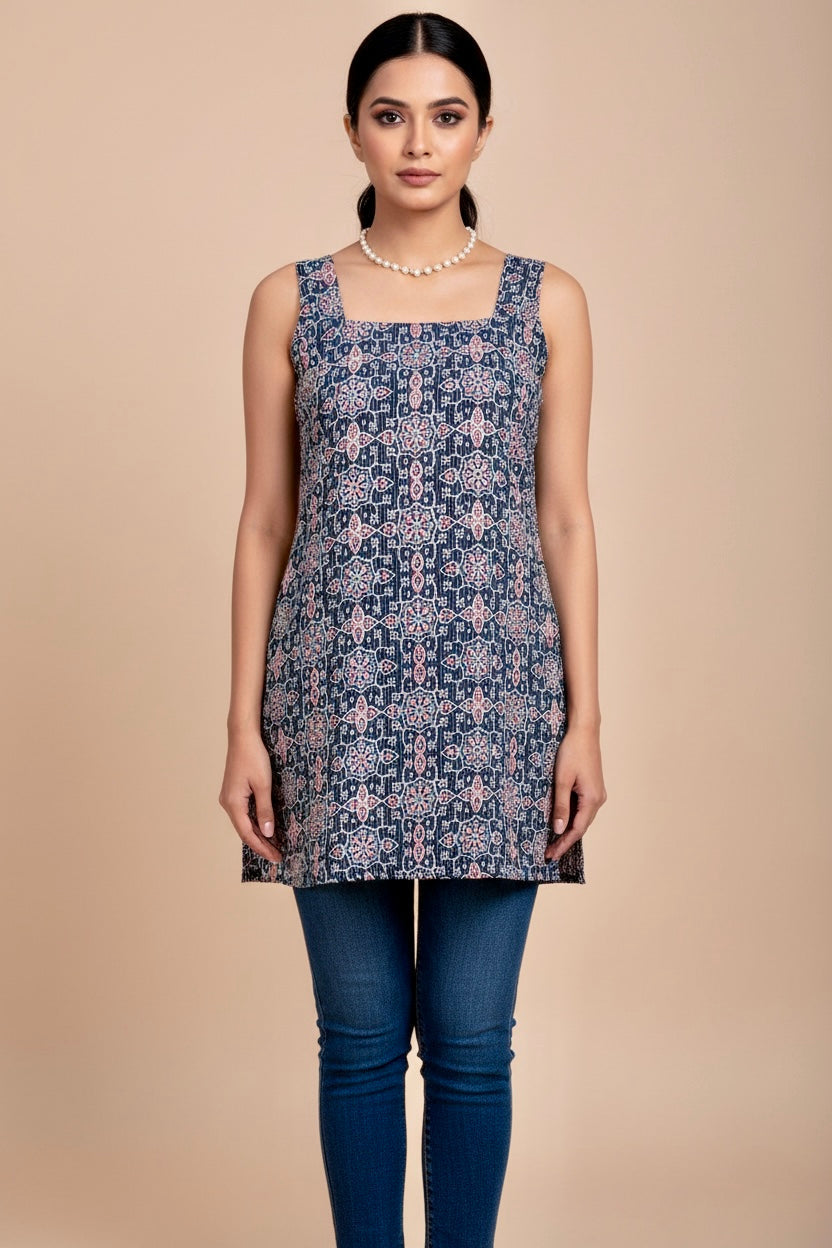 Navy Blue Kantha Cotton Printed Sleeveless Kurti