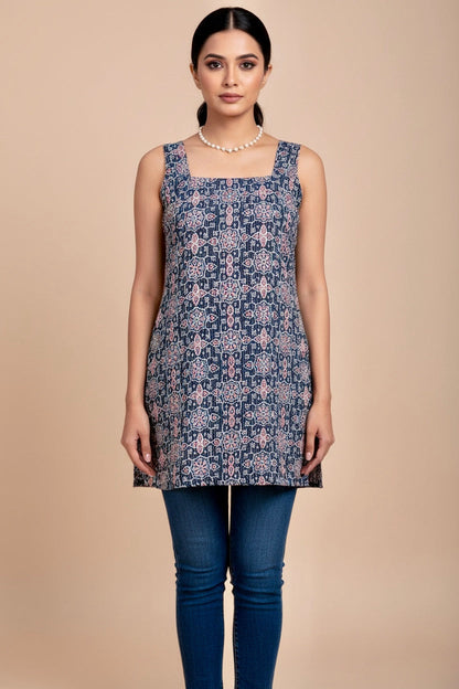 Navy Blue Kantha Cotton Printed Sleeveless Kurti