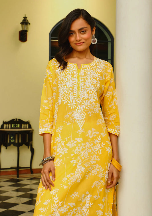 Floral Print Kurta White