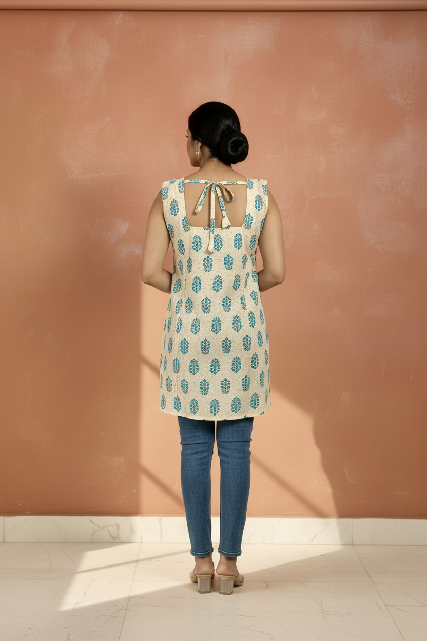 Ivory & Blue Block Print Sleeveless Kurti with Dori in Back