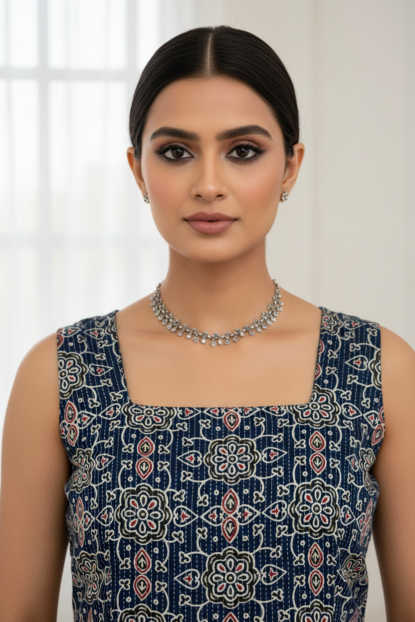Navy Blue Kantha Cotton Printed Sleeveless Kurti