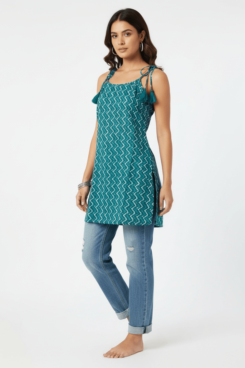 Turquoise Breeze Chevron Tassel Strap Short sleeveless Kurti