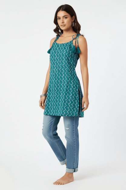 Turquoise Breeze Chevron Tassel Strap Short sleeveless Kurti