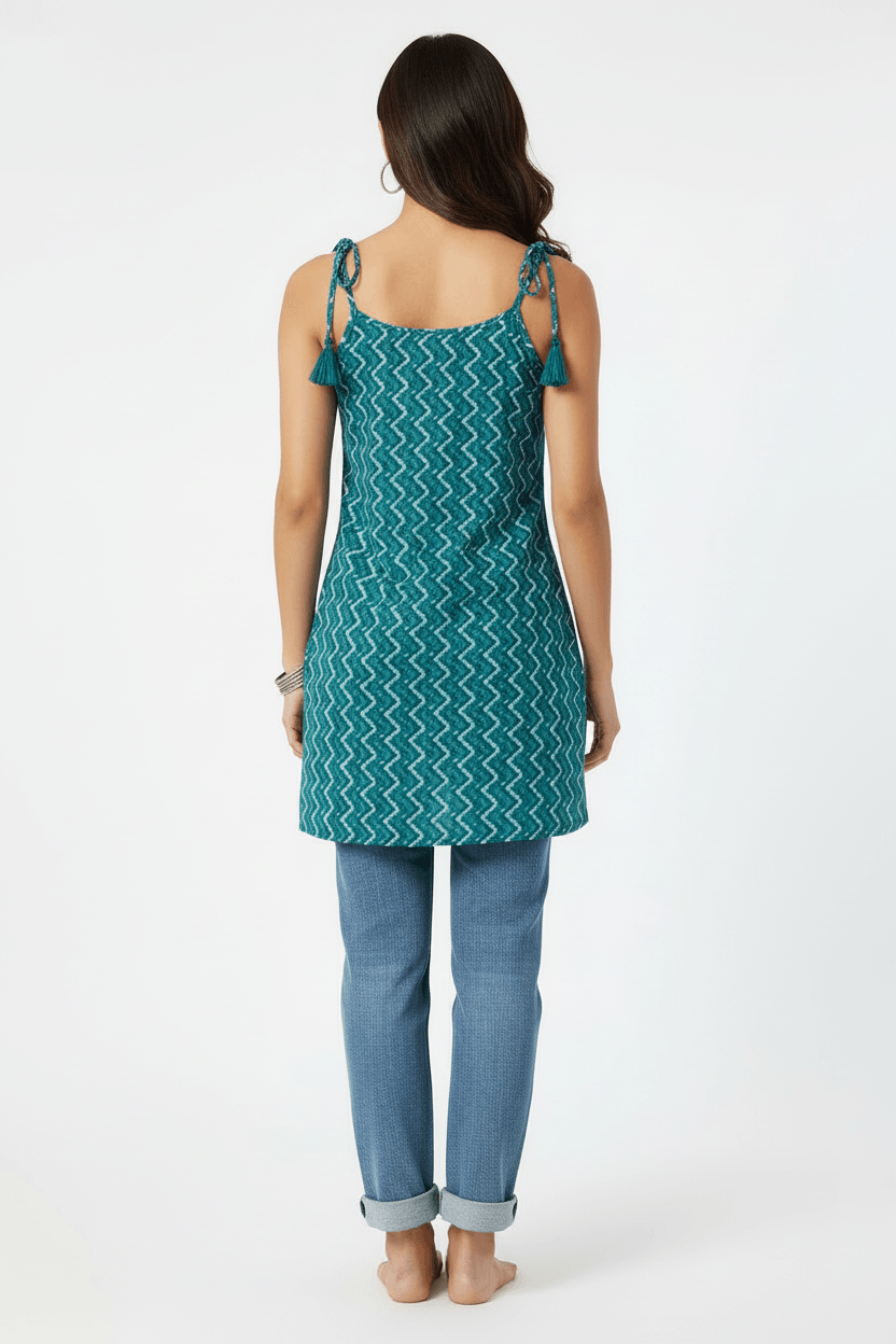 Turquoise Breeze Chevron Tassel Strap Short sleeveless Kurti