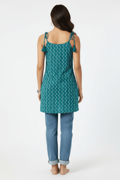 Turquoise Breeze Chevron Tassel Strap Short sleeveless Kurti