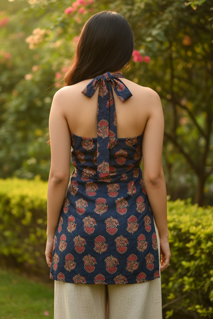 Backless Halter Square Neck Printed Kurti
