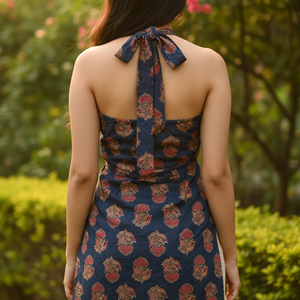 Backless Halter Square Neck Printed Kurti