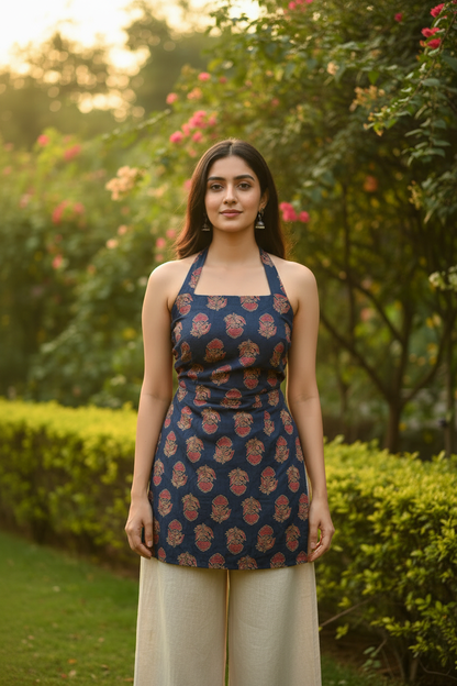 Backless Halter Square Neck Printed Kurti