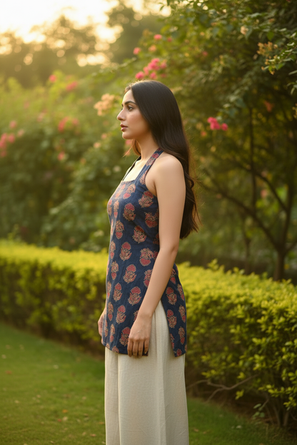 Backless Halter Square Neck Printed Kurti