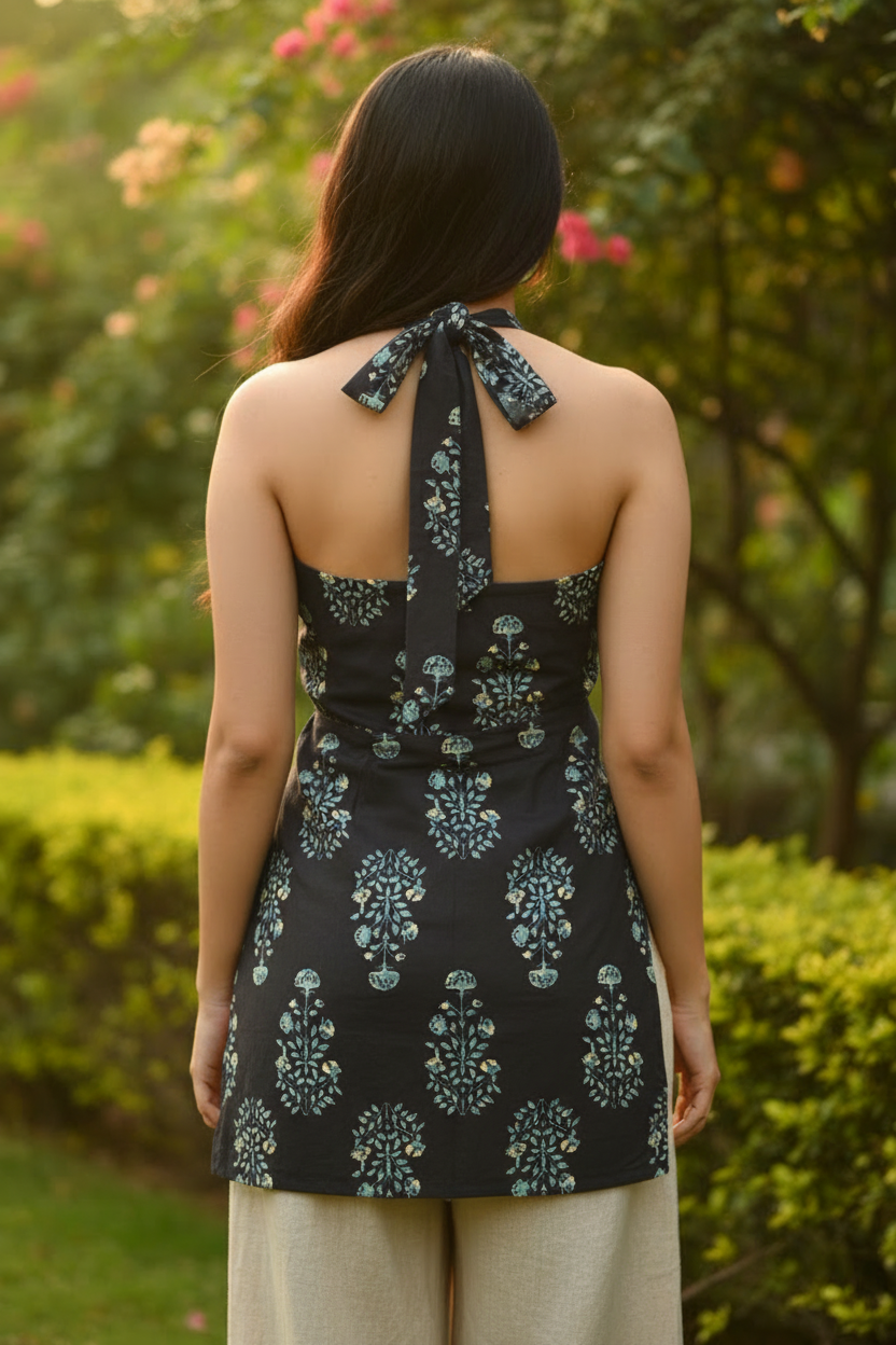 Backless Floral Block Print Black Kurti with Halter Neck