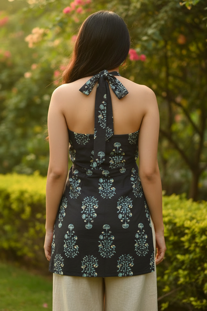 Backless Floral Block Print Black Kurti with Halter Neck