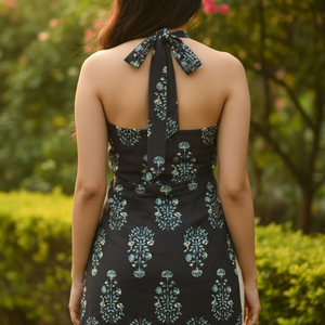 Backless Floral Block Print Black Kurti
