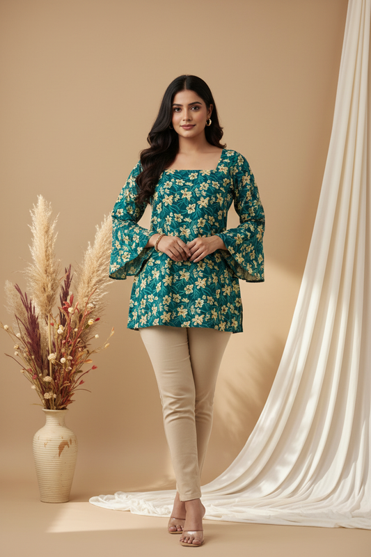 Turquoise Floral Bell Sleeve Corset Back Kurti