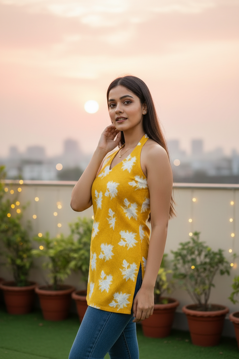 Yellow Floral Halter Neck Summer Kurti