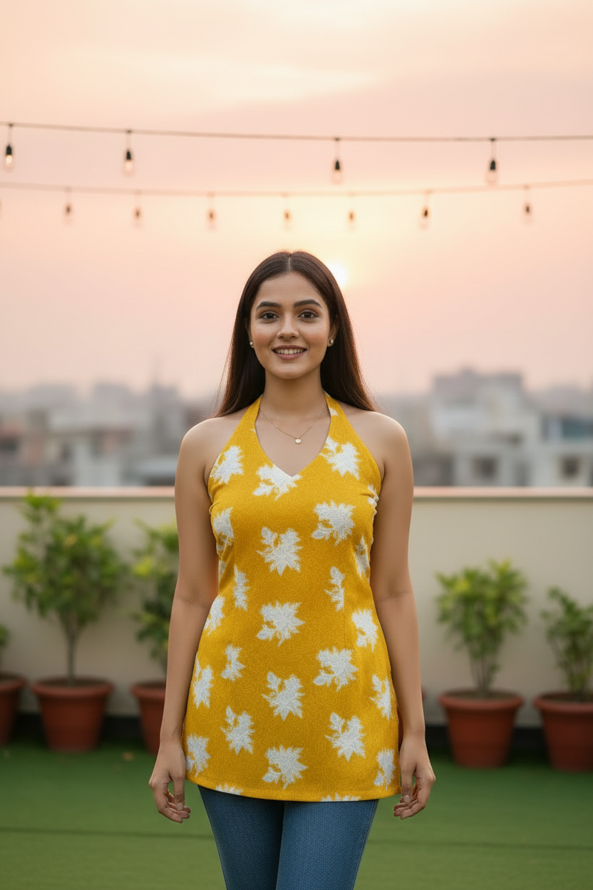 Yellow Floral Halter Neck Summer Kurti