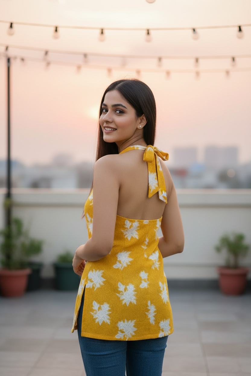 Yellow Floral Halter Neck Summer Kurti