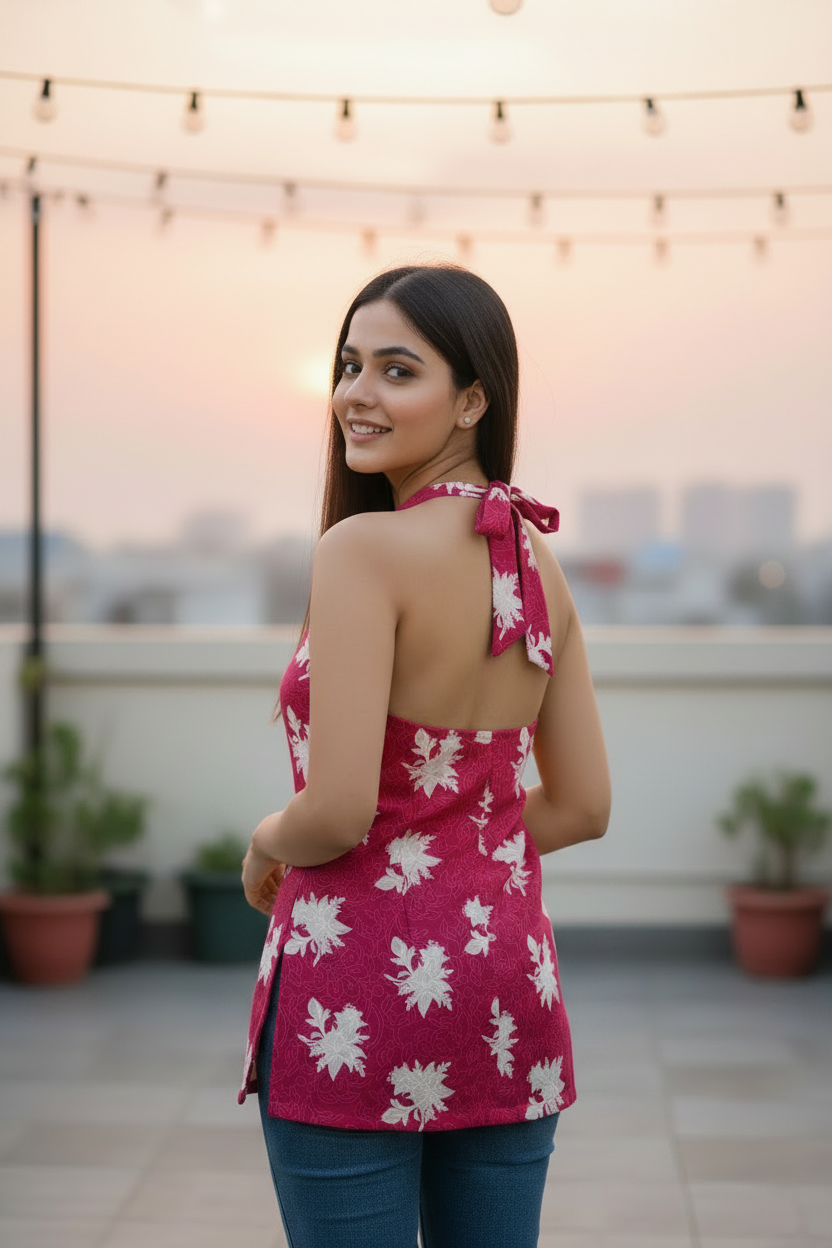 Hot Pink Halter Neck Floral Tunic