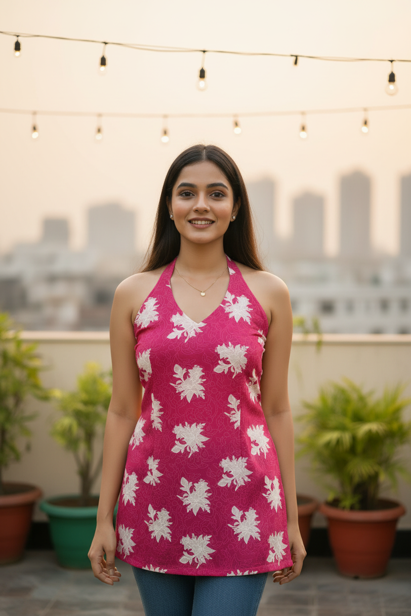 Hot Pink Halter Neck Floral Tunic