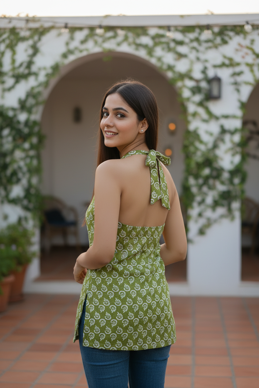 Sage Green Block Print Halter Neck Summer Kurti