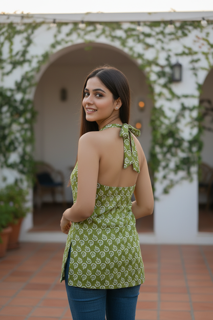 Sage Green Block Print Halter Neck Summer Kurti