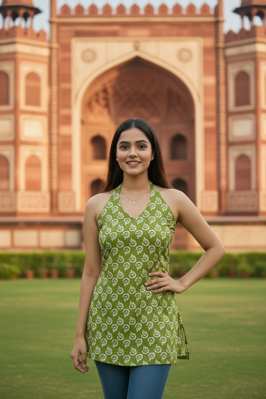Sage Green Block Print Halter Neck Summer Kurti