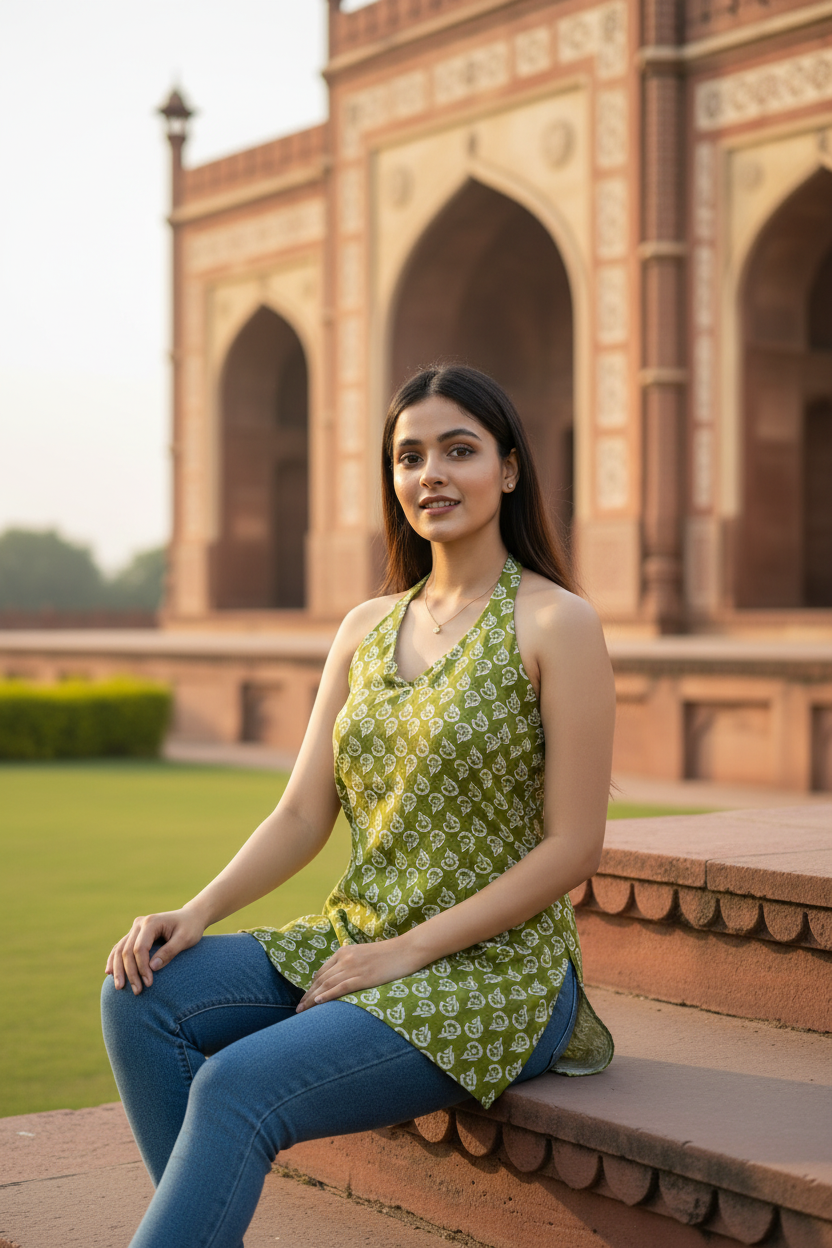 Sage Green Block Print Halter Neck Summer Kurti