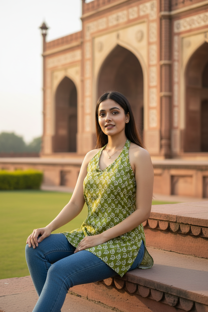 Sage Green Block Print Halter Neck Summer Kurti