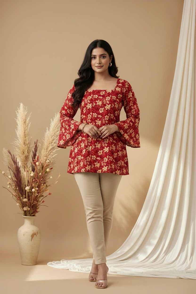 Ruby Blossom Corset-Back Kurti