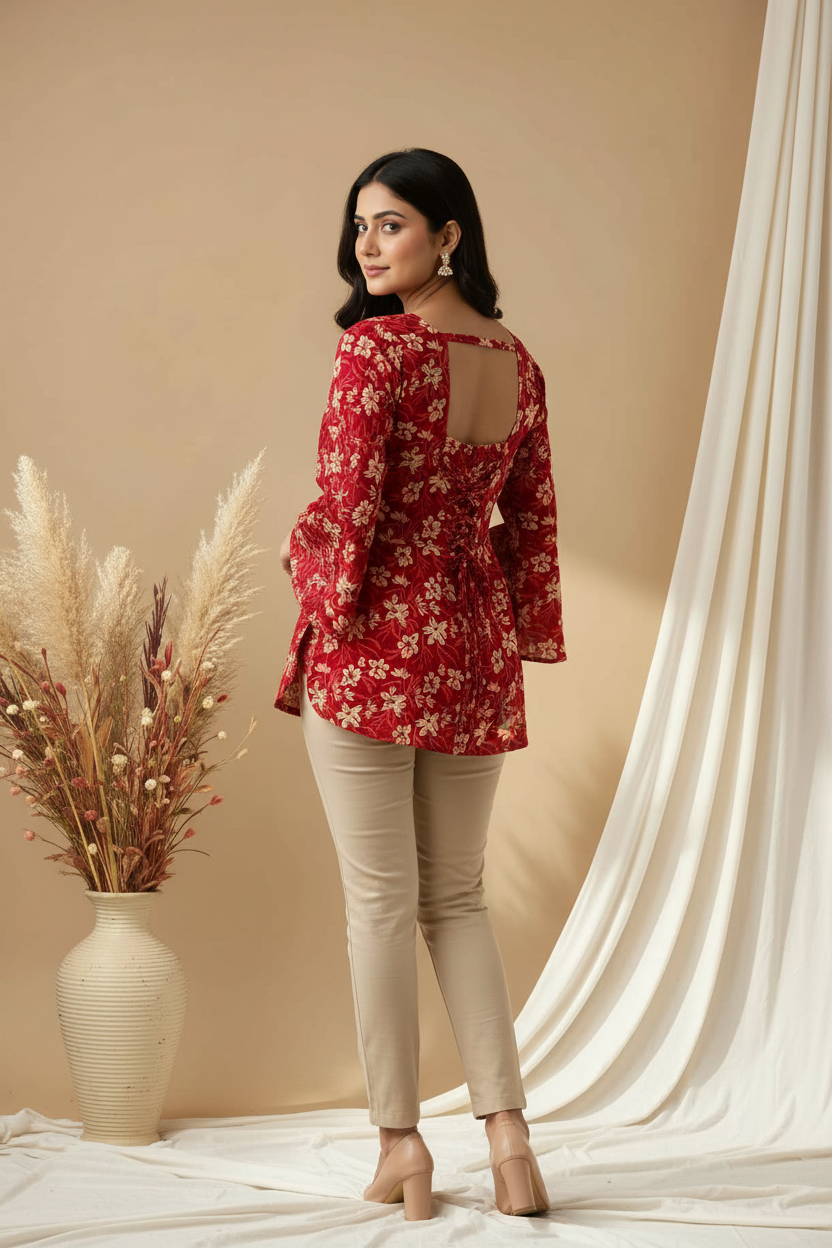 Ruby Blossom Corset-Back Kurti
