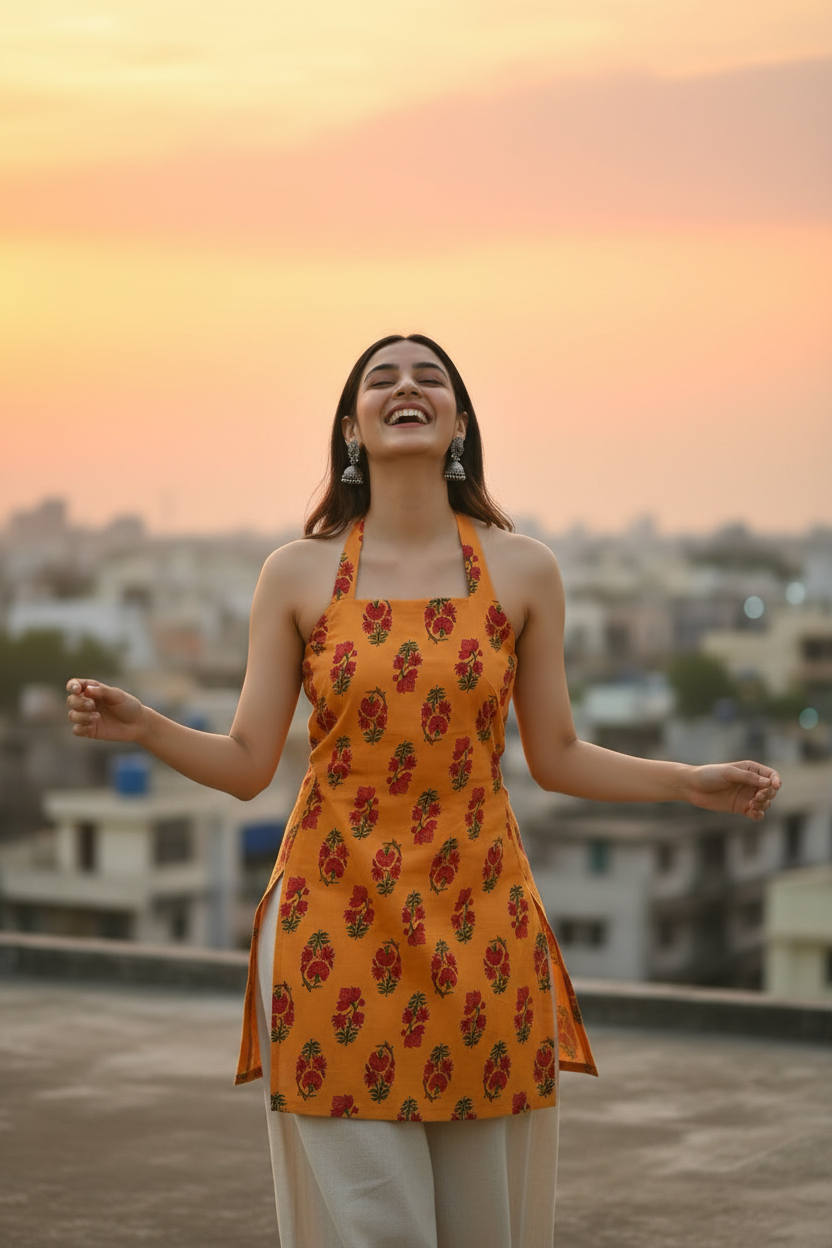 Amber Floral Block Print Halter Kurti