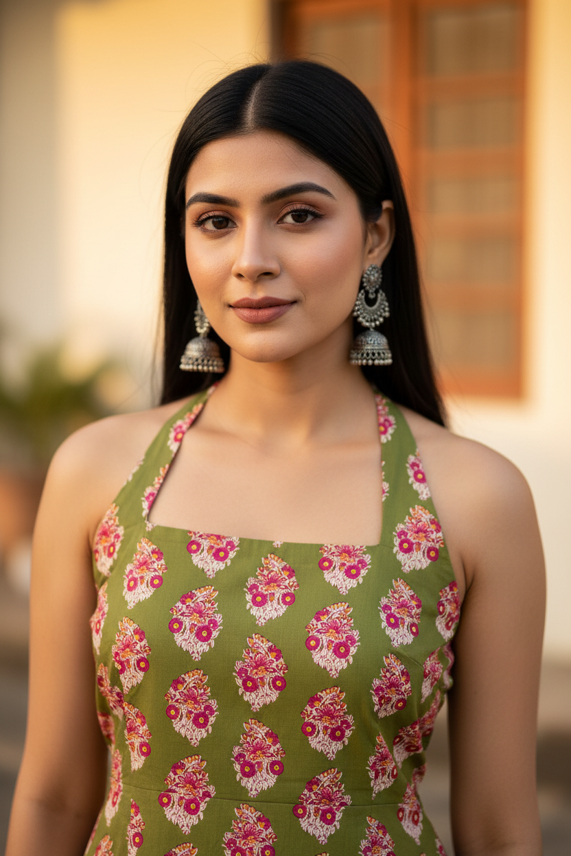 Olive Bloom Backless Halter Kurti