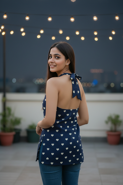 Navy Blue Heart Print Halter Kurti
