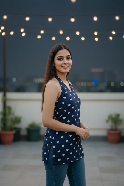 Navy Blue Heart Print Halter Kurti
