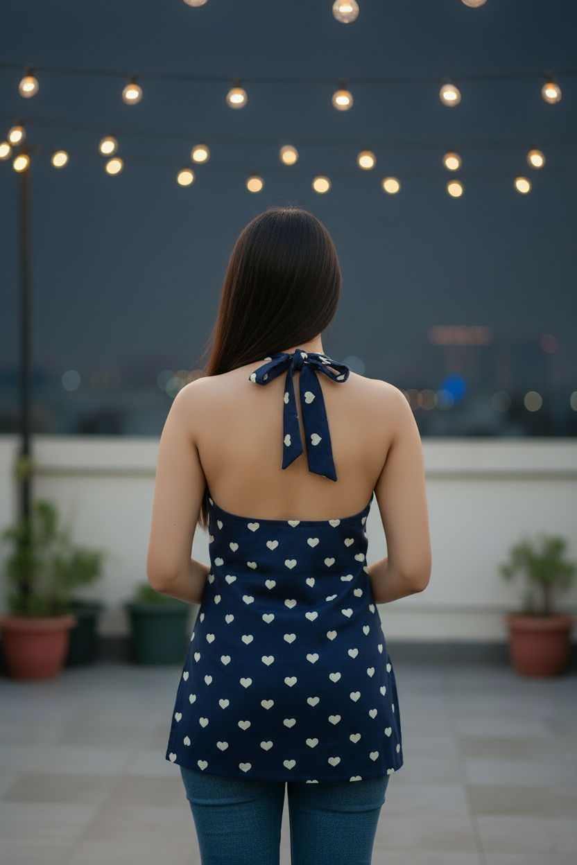 Navy Blue Heart Print Halter Kurti