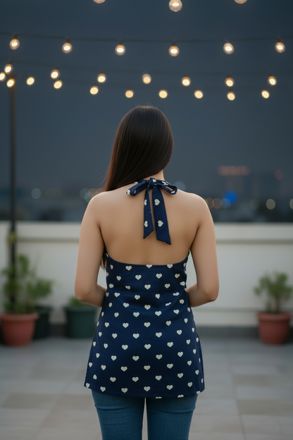 Navy Blue Heart Print Halter Kurti