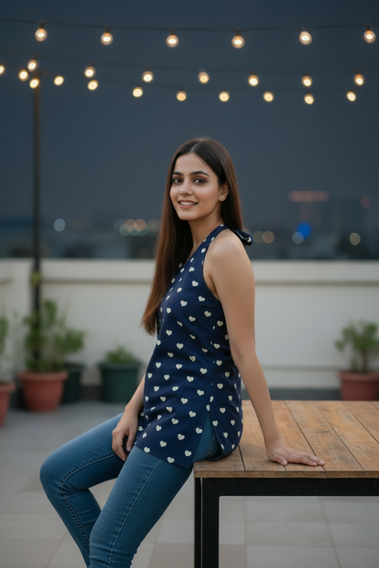 Navy Blue Heart Print Halter Kurti