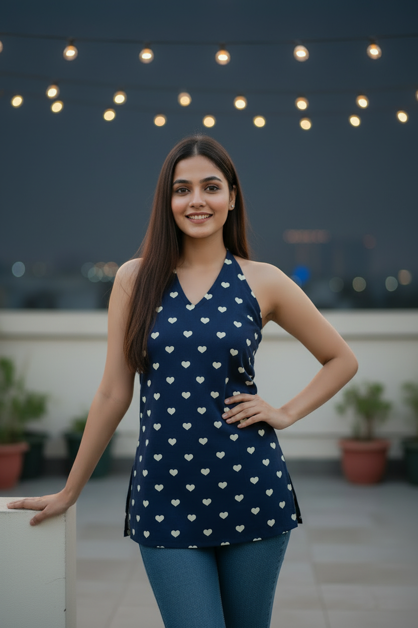 Navy Blue Heart Print Halter Kurti